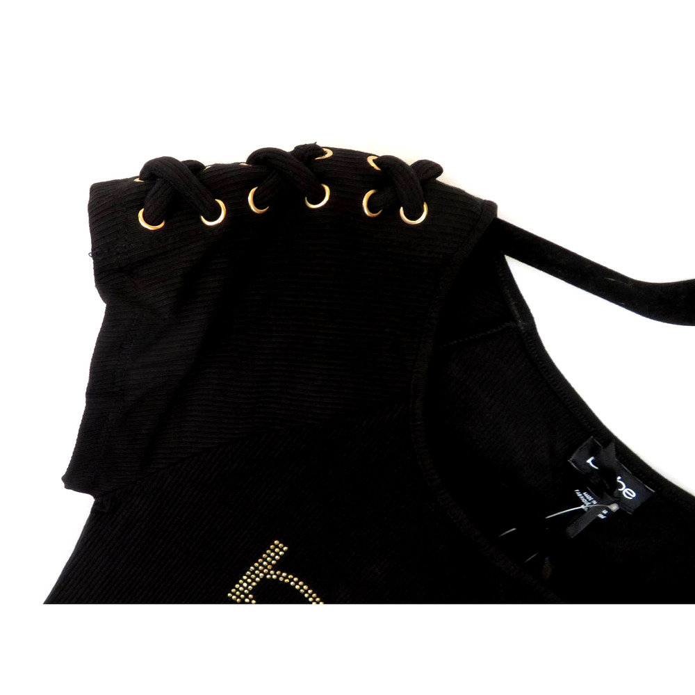 Nwt BEBE Black Logo Top Shirt w/ Gold Rhinestone Women Sz M - Picture 3 of 7